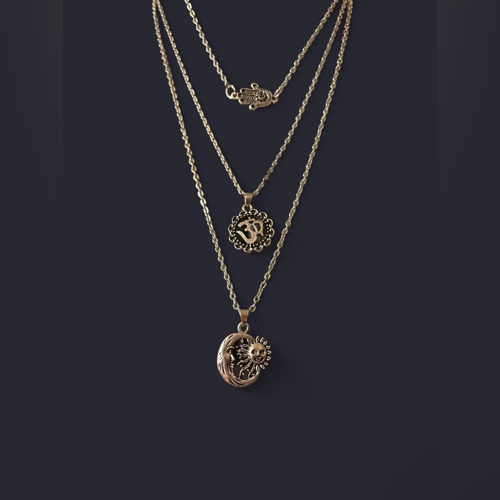 Layered Sun & Moon, Om and Hamsa Pam Charm Necklace